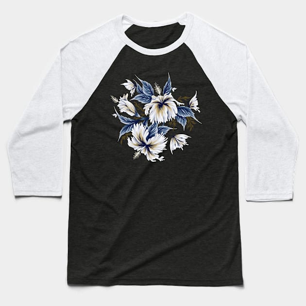 Hibiscus Butterflies - Mustard Blue Baseball T-Shirt by andreaalice